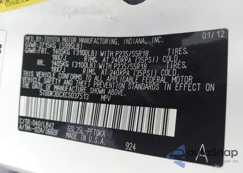 2012 Toyota Sienna Xle 7 Passenger из США, поврежденный, VIN 5TDDK3DCXCS037513